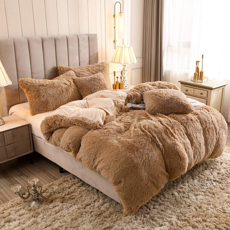 Uhamho Faux Fur Velvet Fluffy Bedding Duvet Cover Set Down Comforter Quilt Cover with Pillow Shams, Ultra Soft Warm (Queen, Camel) - Image 2